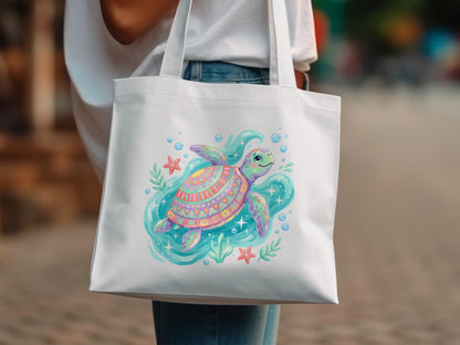 White tote bag with colorful cartoon sea turtle and starfish design.