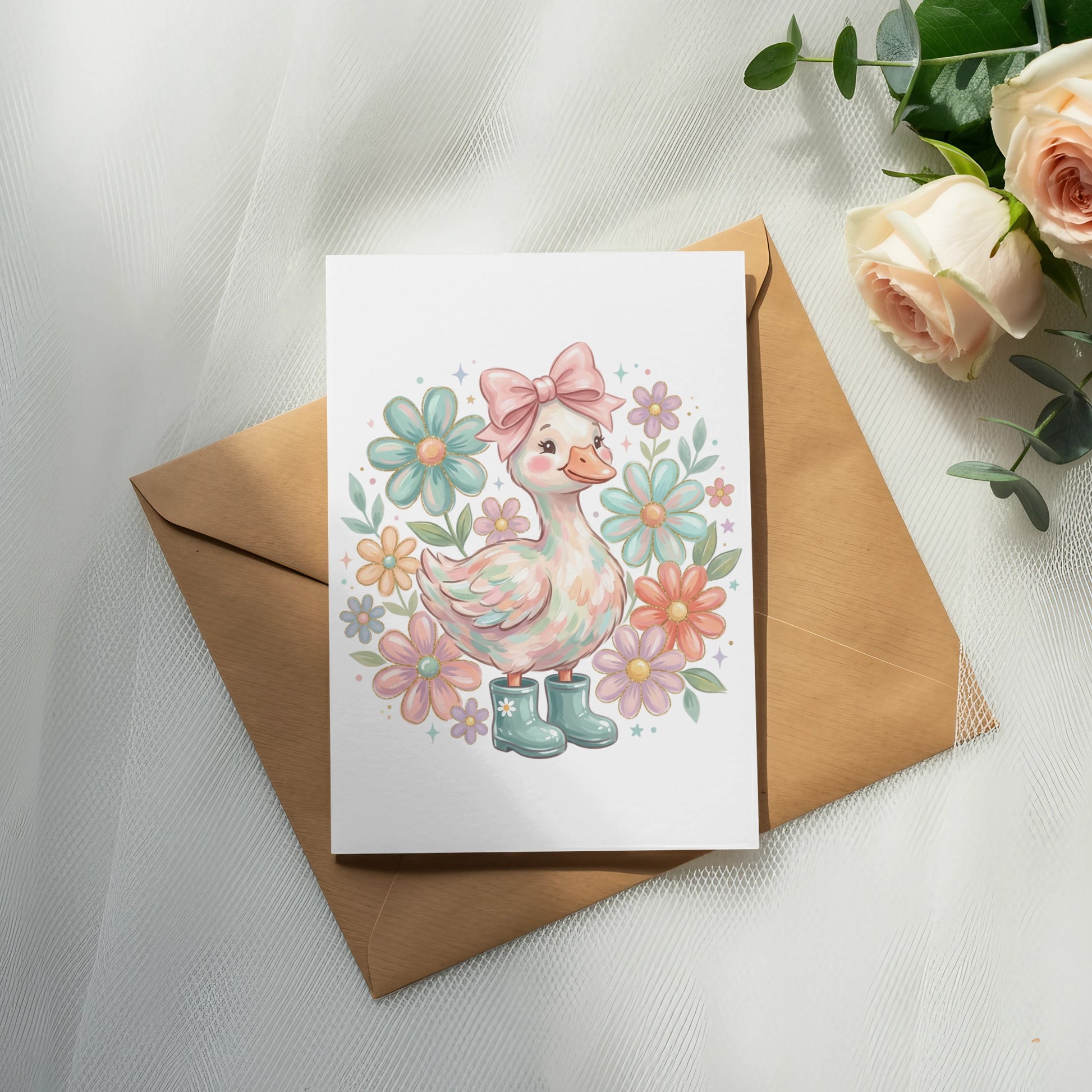 Greeting card with a duckling in boots surrounded by flowers and a pink bow.