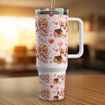 White tumbler with Corgi and cupid pattern, handle, and straw.