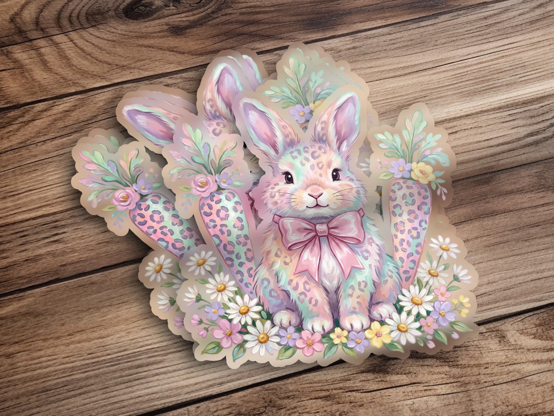 Pink pastel bunny with bow surrounded by flowers and carrots.