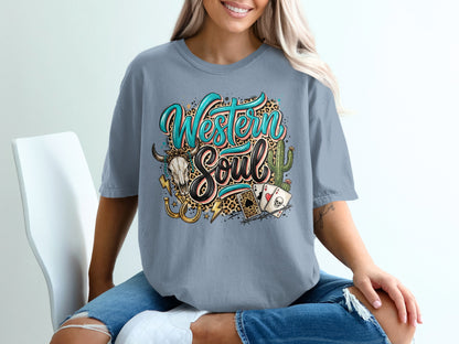Gray t-shirt with "Western Soul" graphic featuring skull, playing cards, horseshoe, and cactus.