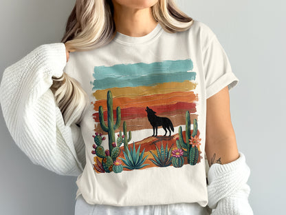 Wolf howling at colorful sunset over desert landscape with cacti.