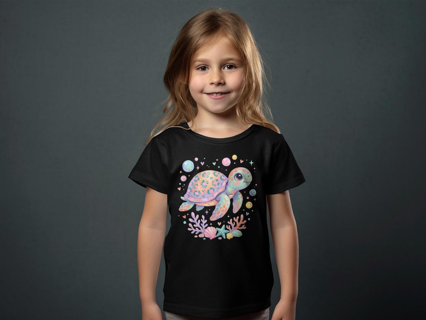 Girl in black t-shirt featuring a colorful sea turtle and coral graphic.