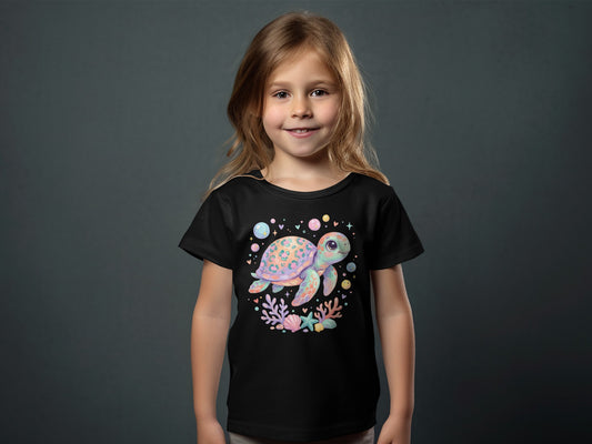 Girl in black t-shirt featuring a colorful sea turtle and coral graphic.