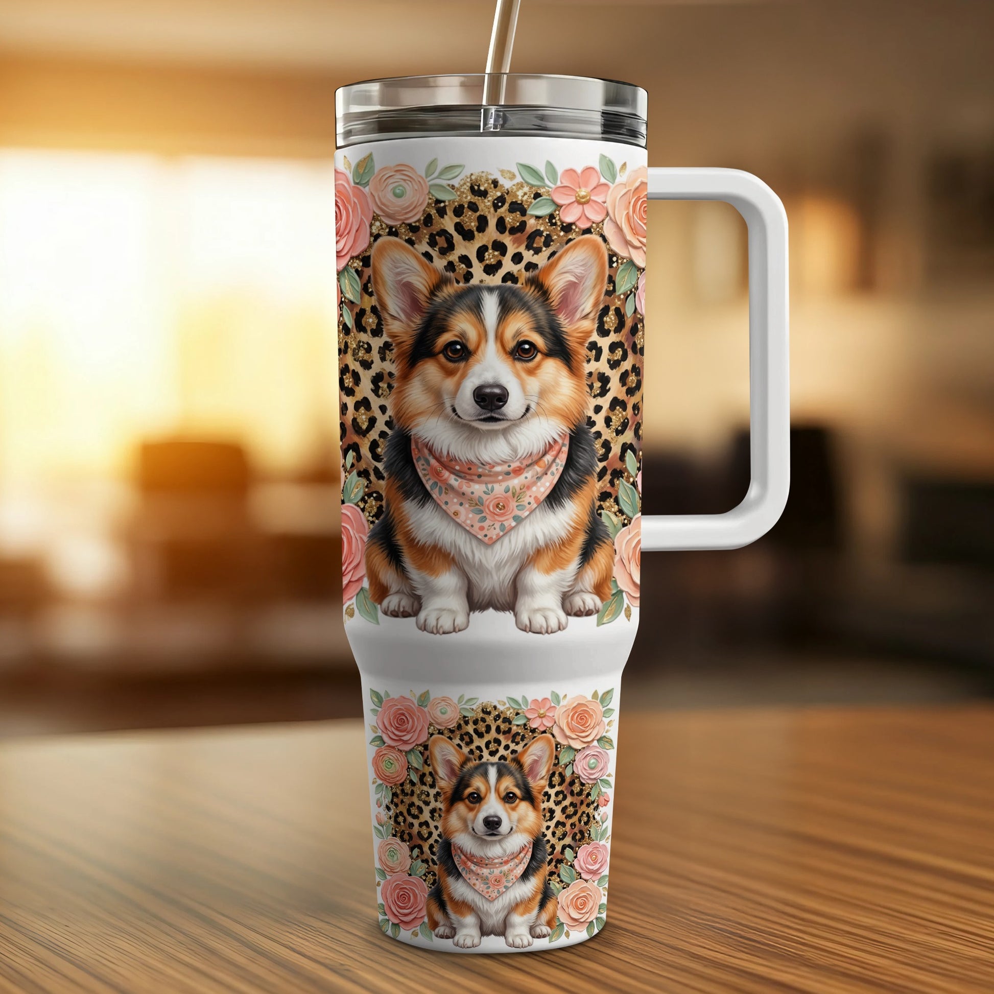 Corgi dog on tumbler with leopard print and floral accents.