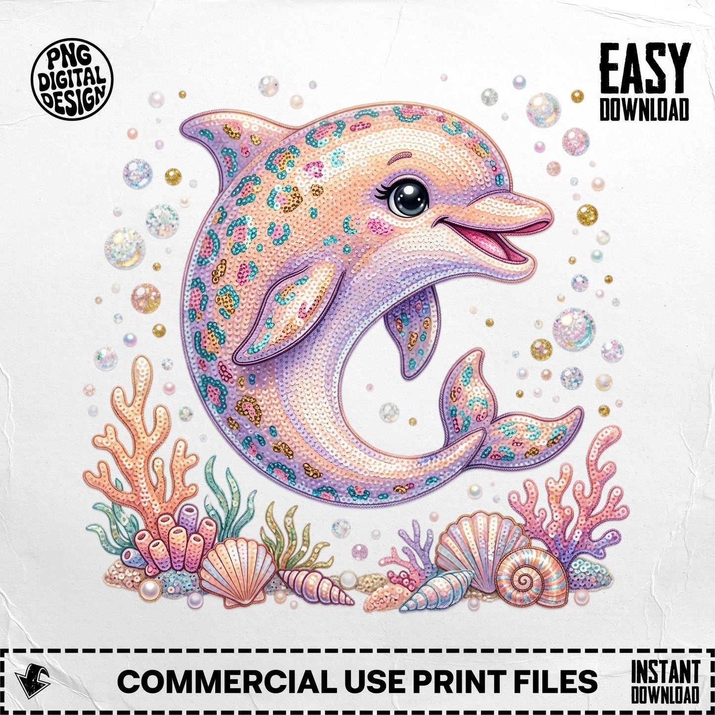 Sparkly pink dolphin with seashells and coral.