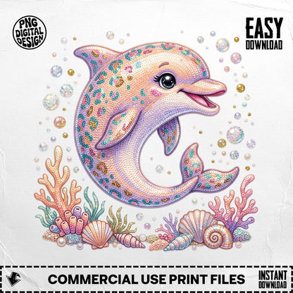 Sparkly pink dolphin with seashells and coral.
