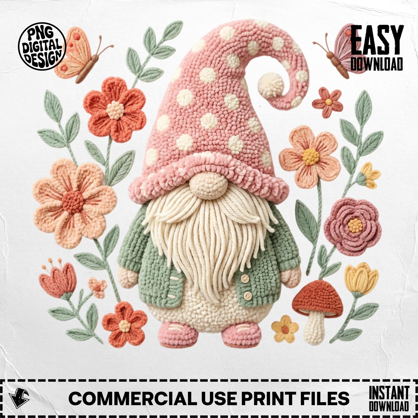 Gnome with pink polka dot hat, surrounded by flowers and butterflies, with "Easy Download" text.