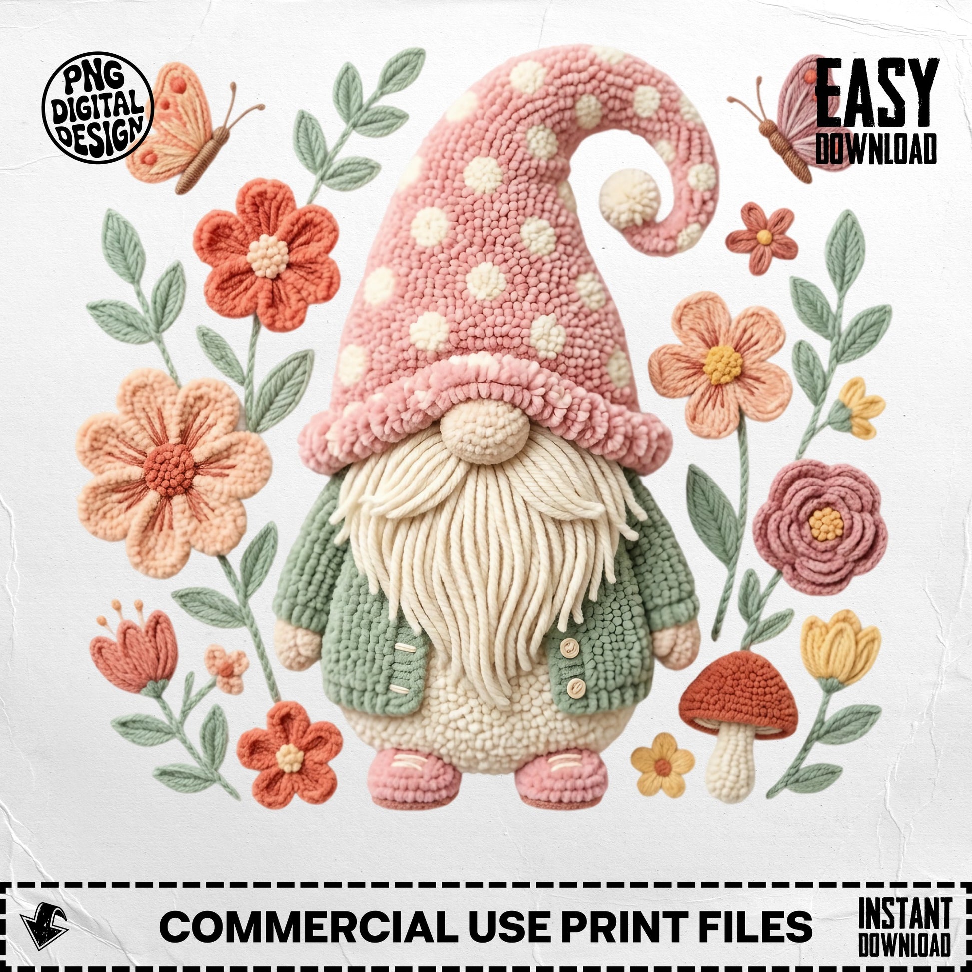 Gnome with pink polka dot hat, surrounded by flowers and butterflies, with "Easy Download" text.