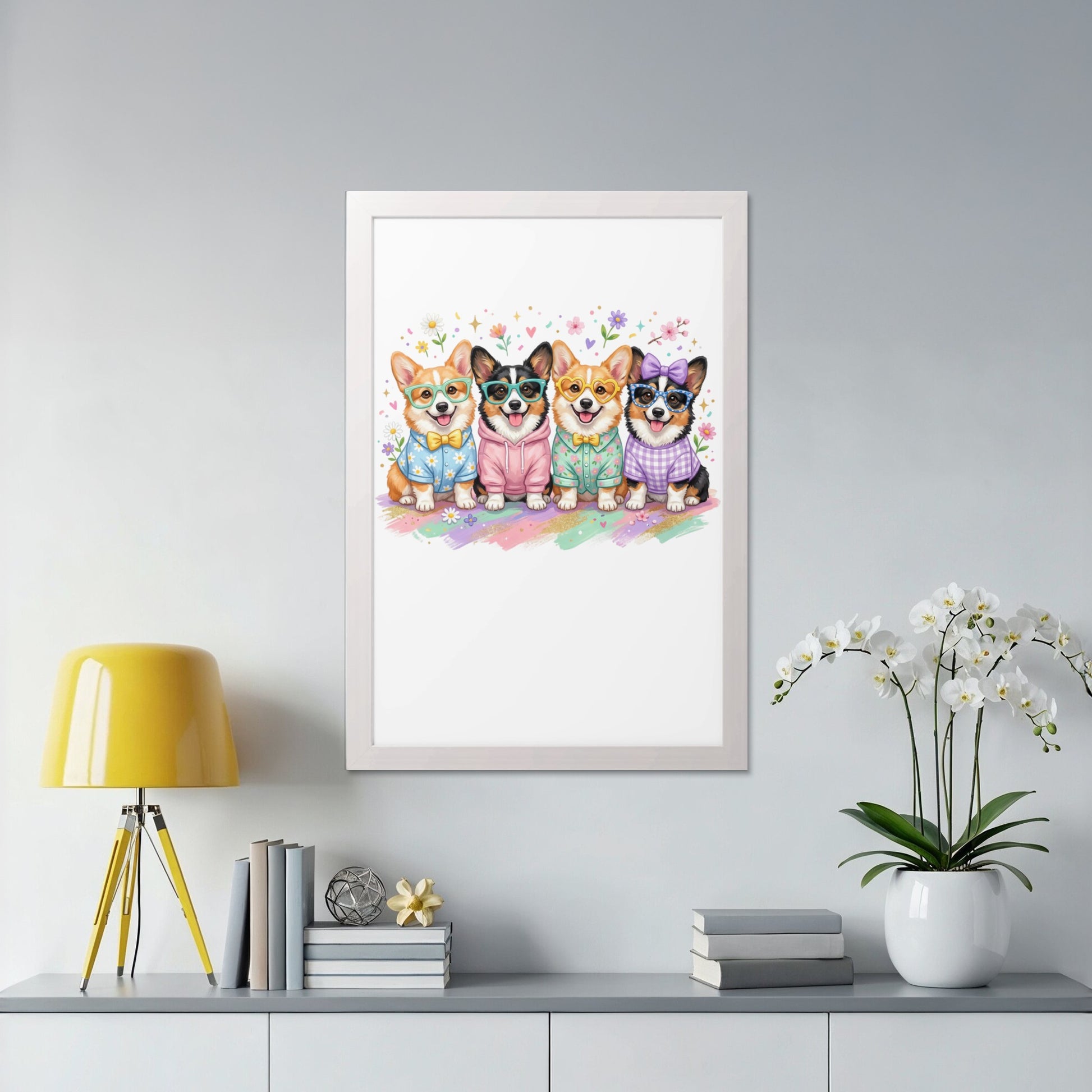 Four smiling corgis in colorful outfits and sunglasses on a white wall.