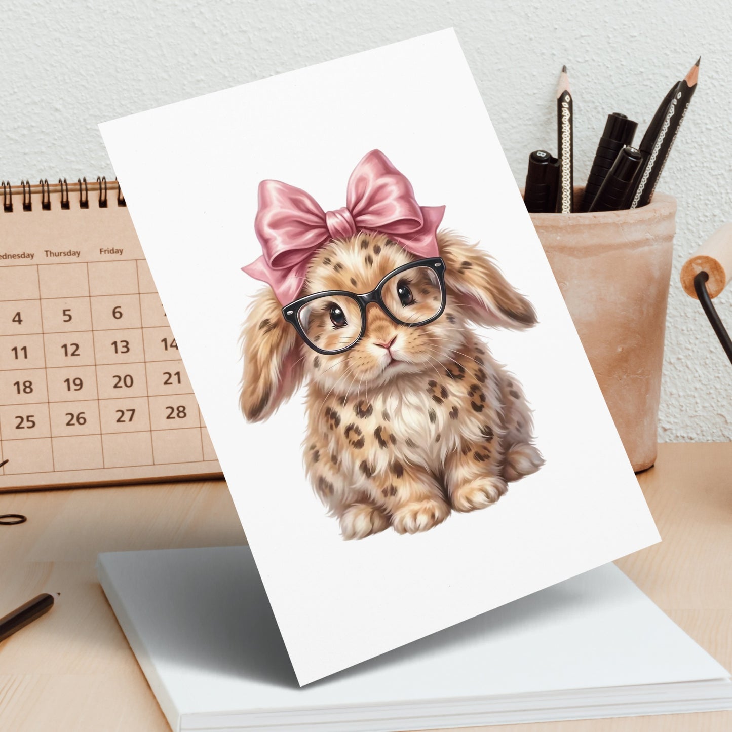 Leopard print bunny with pink bow and glasses on a calendar.