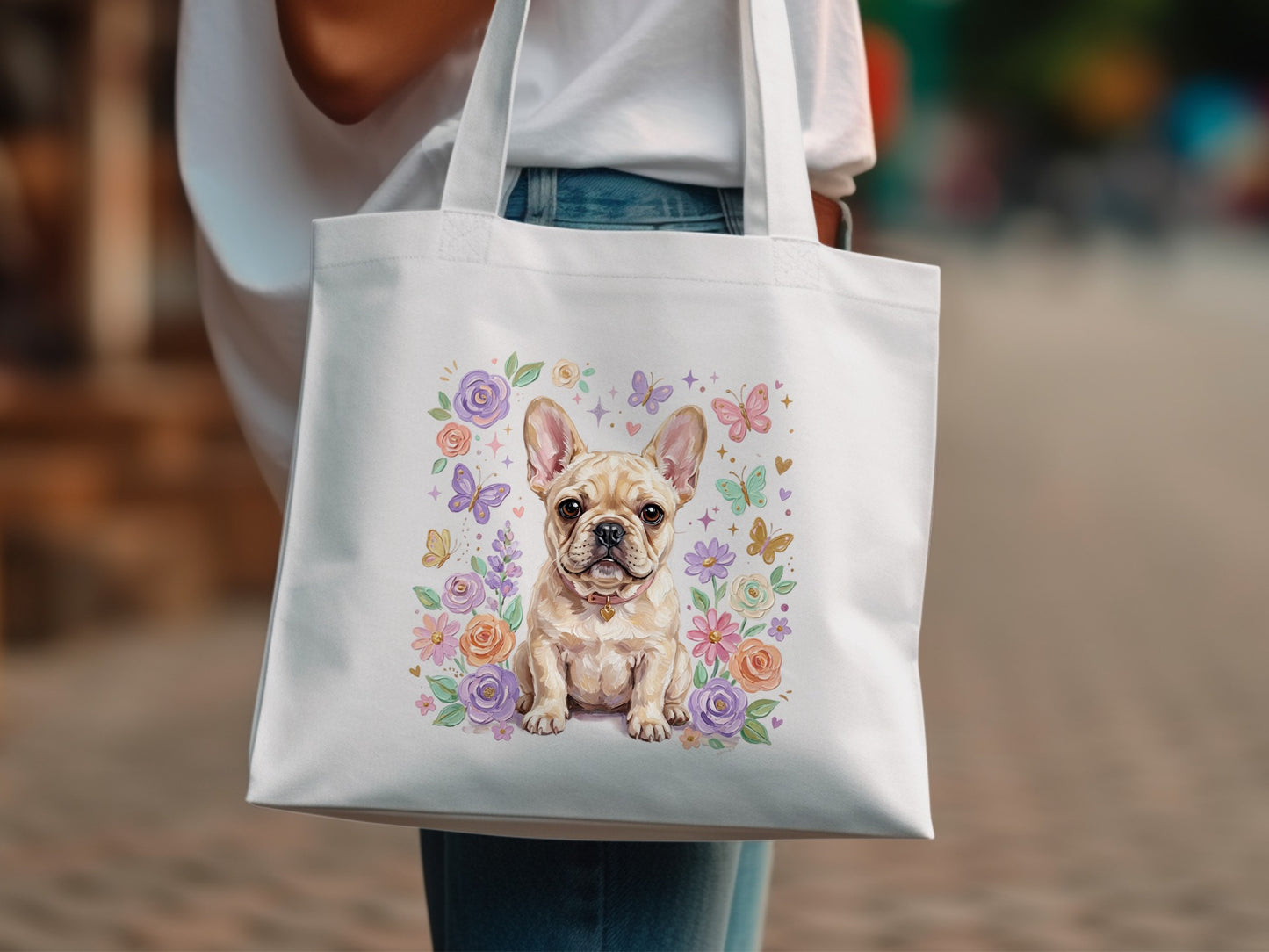 White tote bag with French bulldog and floral design.