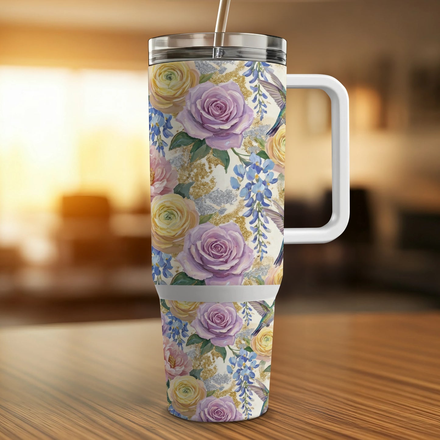 Tumbler with pastel floral and hummingbird design, featuring a handle.