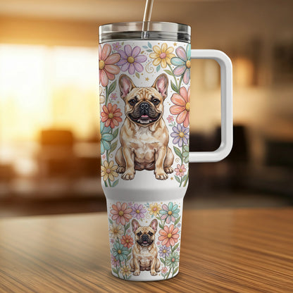 French bulldog on a floral patterned travel tumbler with handle.