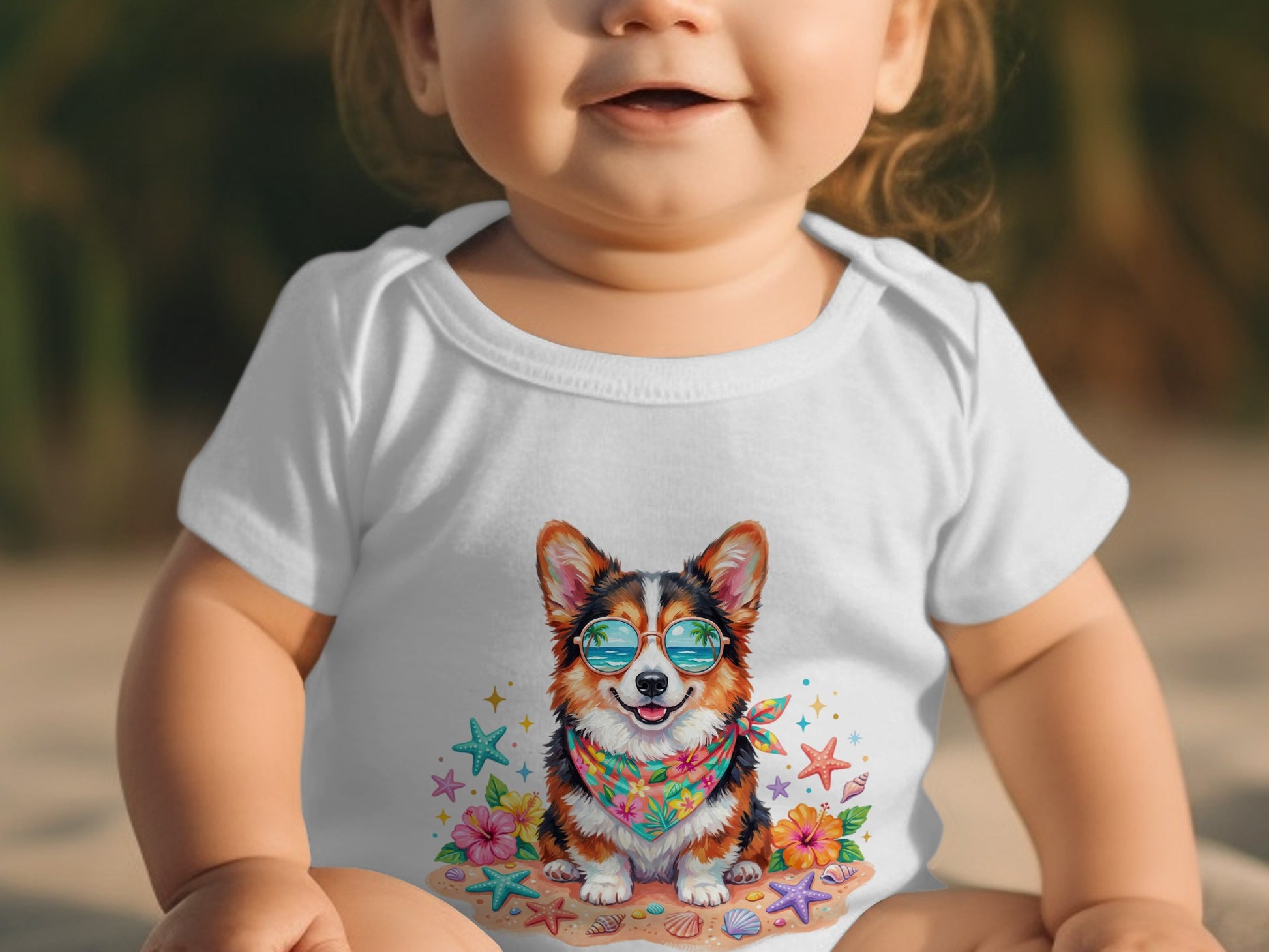 Baby wearing white bodysuit with smiling corgi wearing sunglasses and bandana.