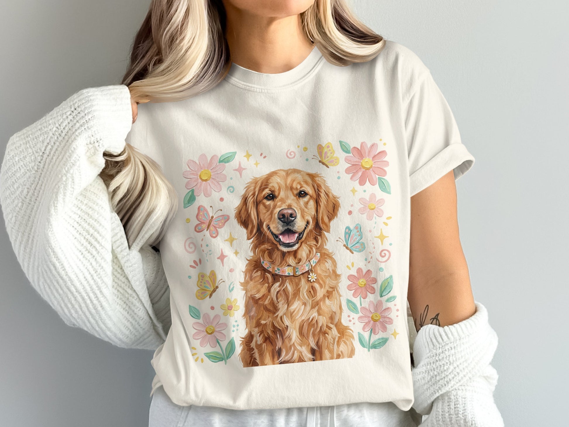 Golden Retriever dog wearing a floral collar, surrounded by flowers and butterflies.