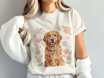 Golden Retriever dog wearing a floral collar, surrounded by flowers and butterflies.