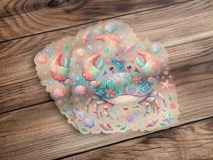 Cute crab sticker with floral patterns and seashells.