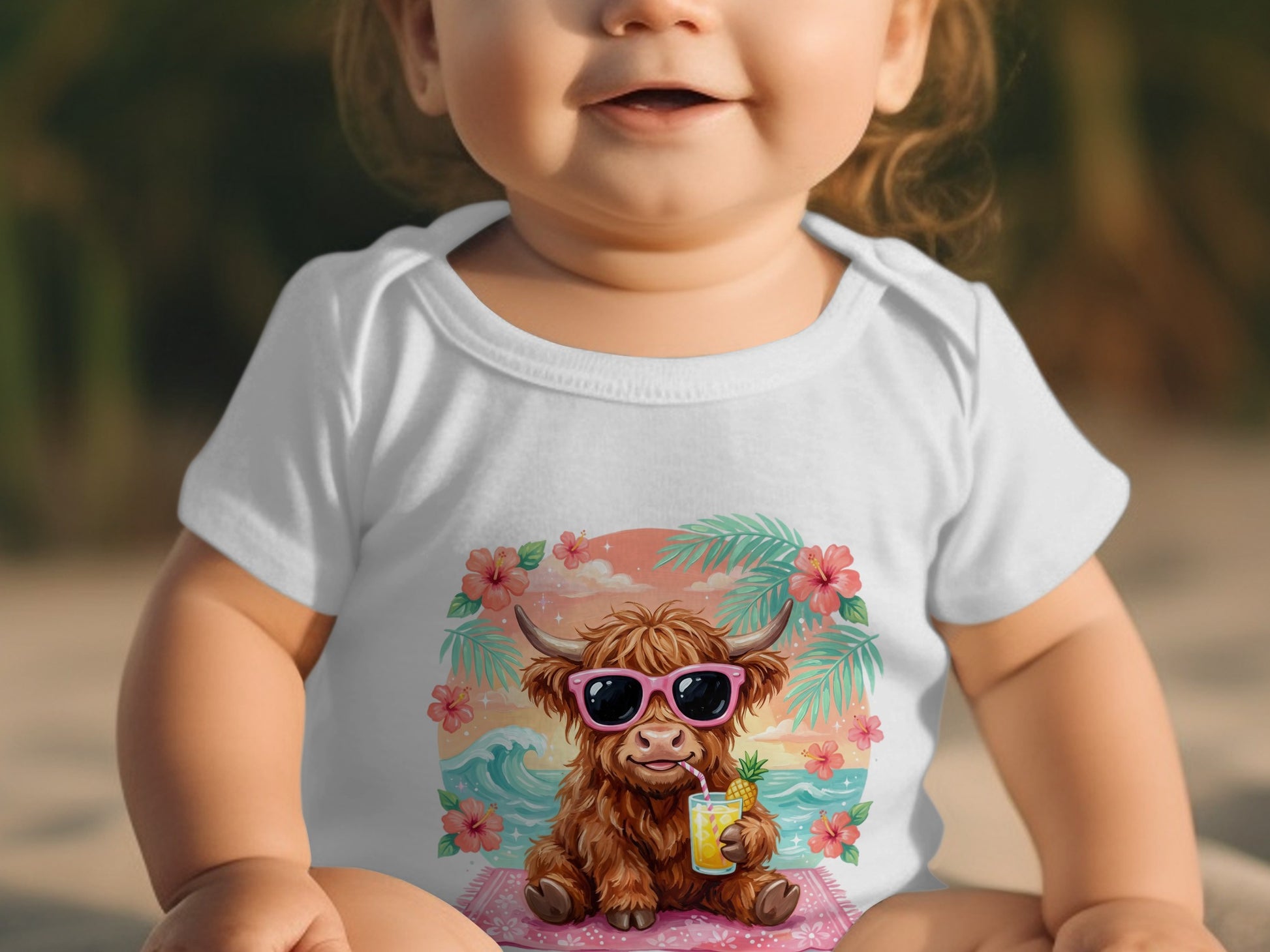 Baby in white onesie with cartoon Highland cow wearing sunglasses and holding a drink.