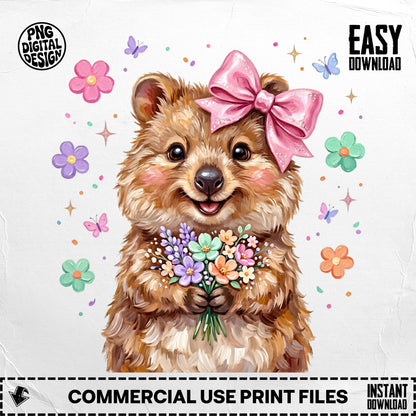 Quokka wearing a pink bow holding a bouquet of colorful flowers.