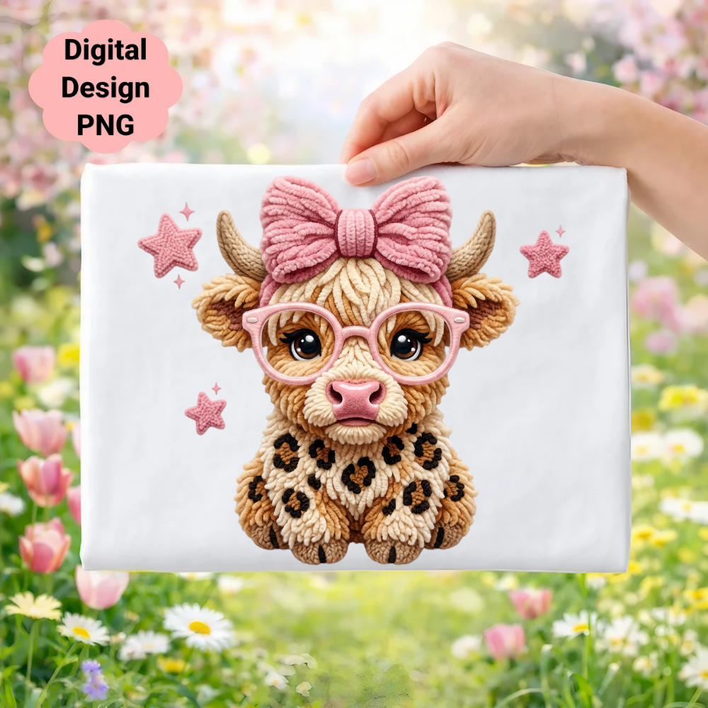 Cute highland cow with pink bow and glasses, surrounded by stars.