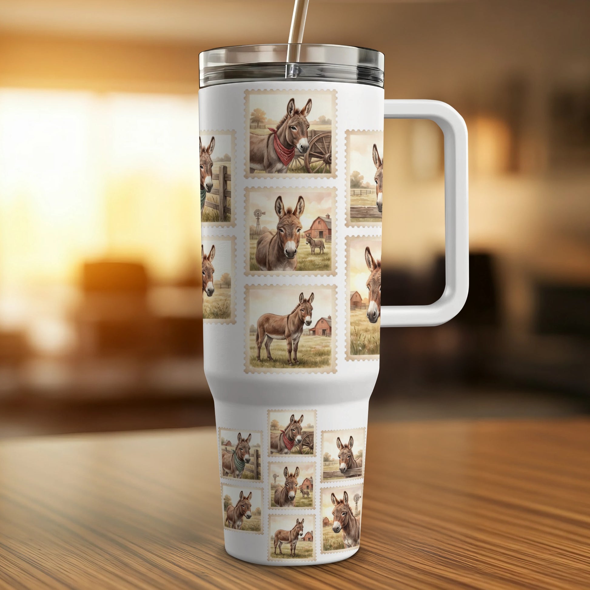 Tumbler featuring a collage of postage stamps with donkey illustrations.