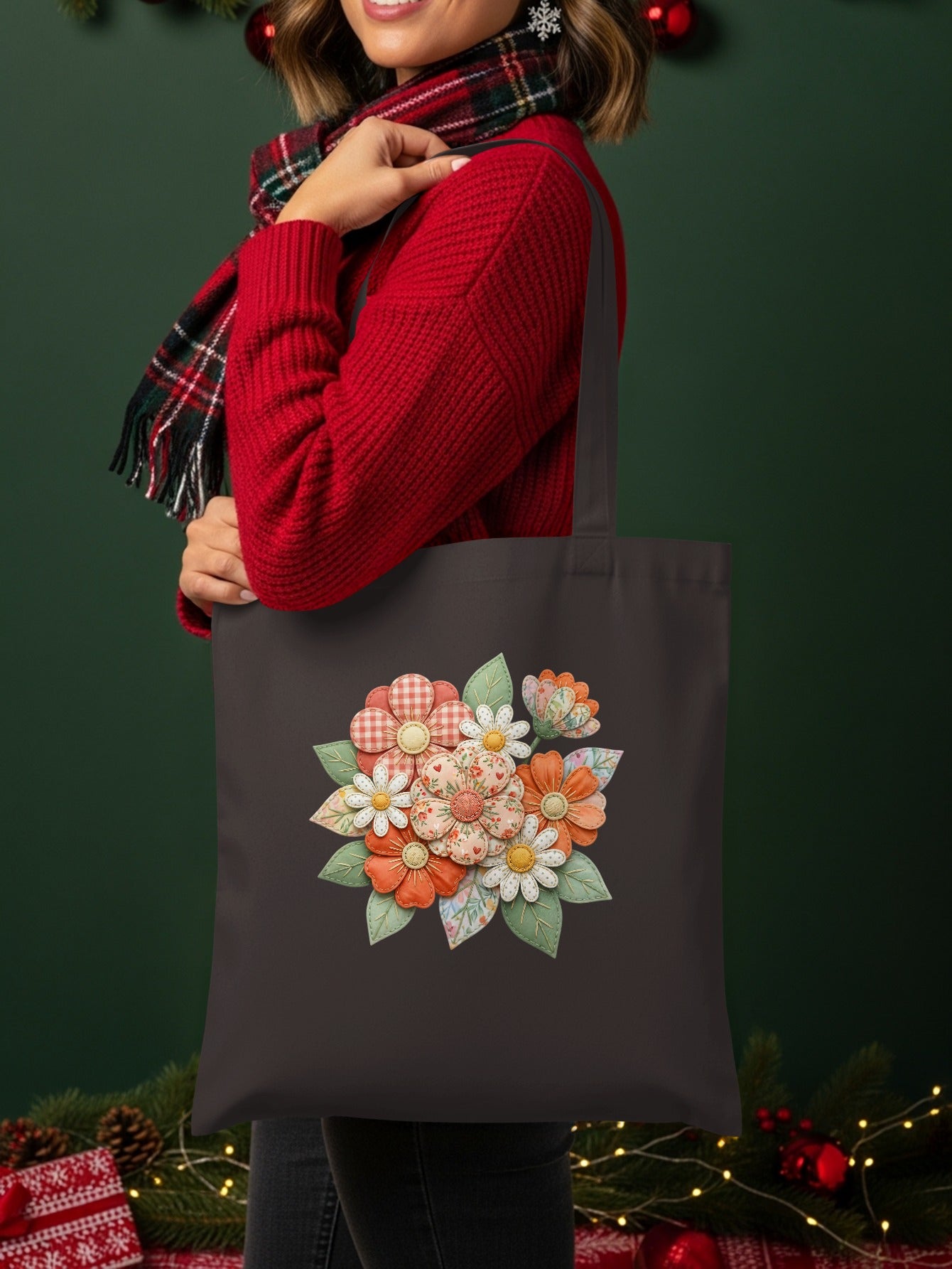 Tote bag featuring a colorful floral bouquet with plaid accents.