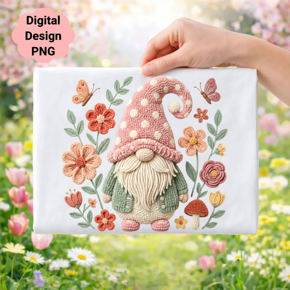 Embroidered gnome with pink polka dot hat surrounded by flowers and butterflies.