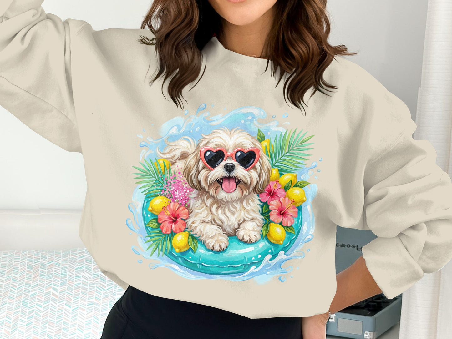 Dog wearing heart sunglasses on a float with flowers and fruit.