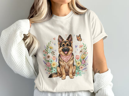 German Shepherd wearing bandana with floral wreath and butterfly design.