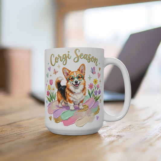 Mug with a smiling corgi wearing glasses and a "Corgi Season" design.