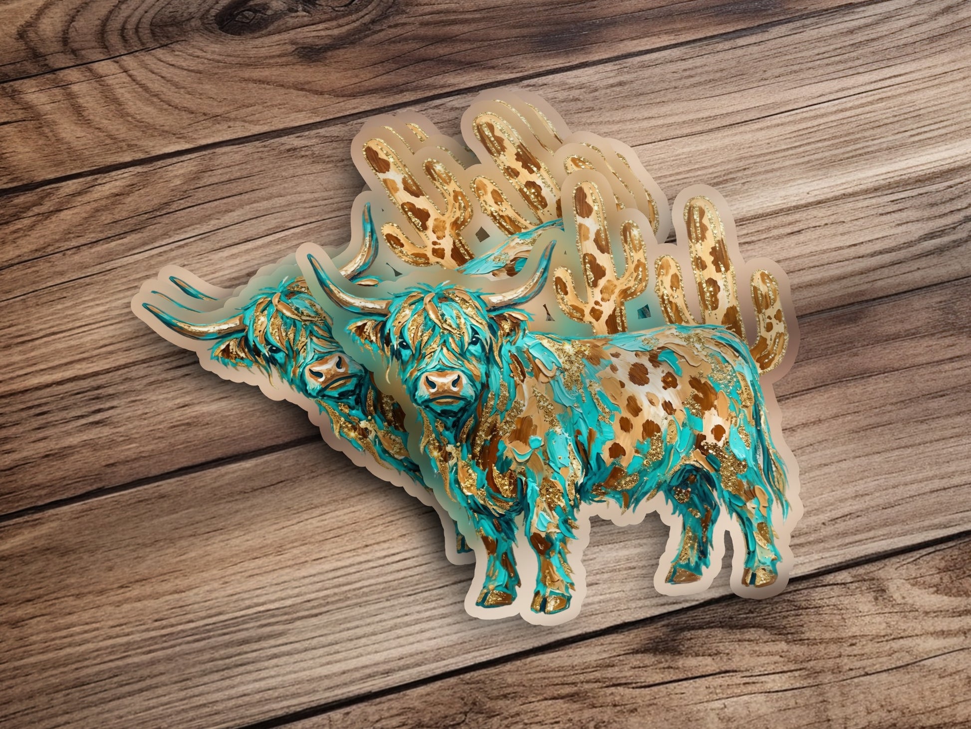 Two decorative highland cow stickers with turquoise and gold spots on wood.