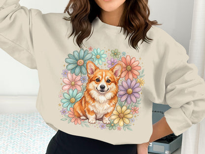 Corgi with colorful flowers on crewneck sweatshirt.
