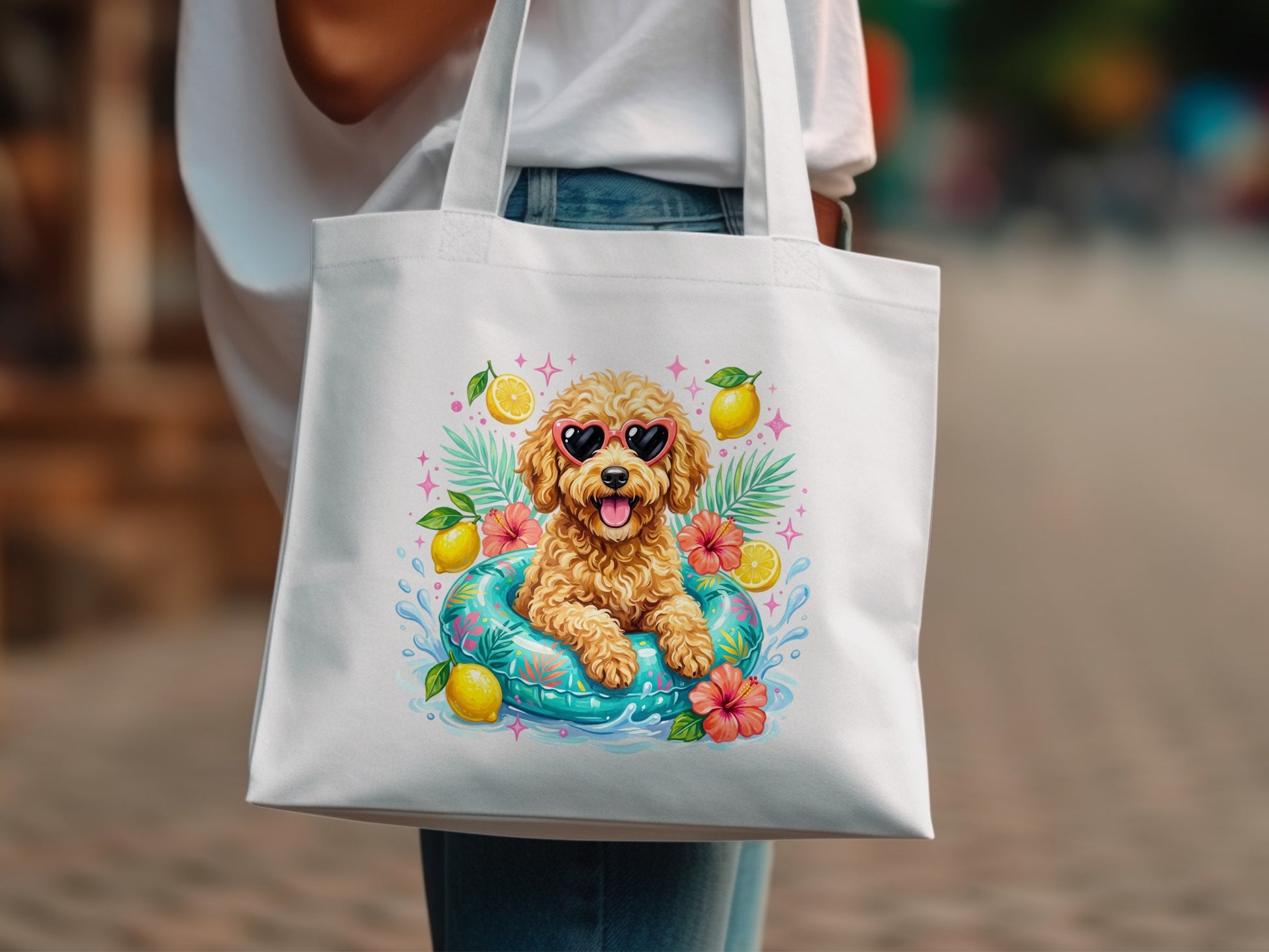 Tote bag with illustration of a poodle wearing sunglasses in a pool float.
