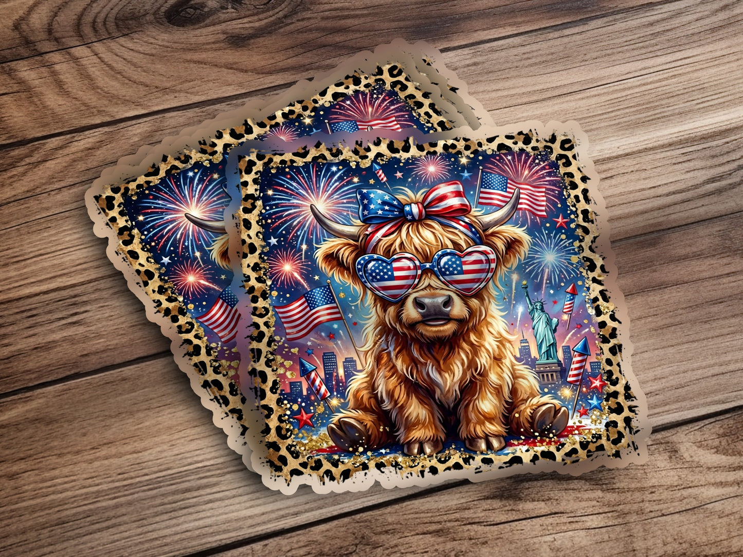 Highland cow with American flag bandana and heart sunglasses, fireworks.