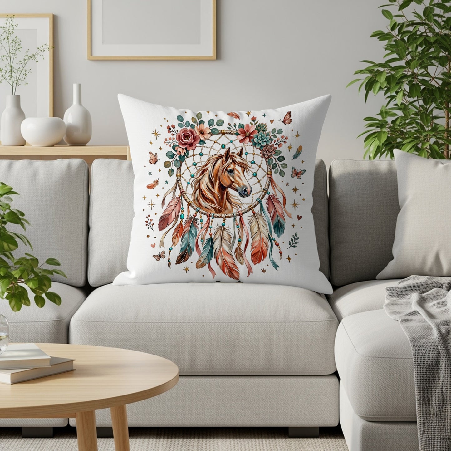 Dreamcatcher with horse head, feathers, flowers, and butterflies on a couch.