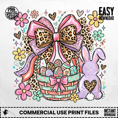 Easter bunny with basket of eggs, bows, and flowers.