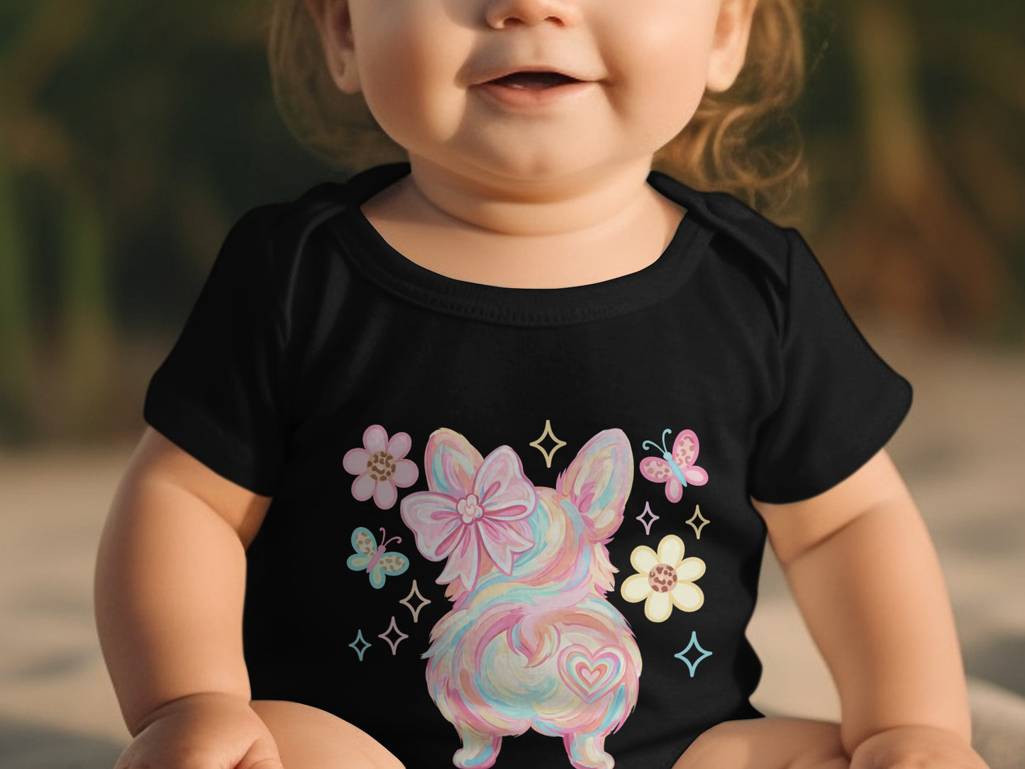 Baby wearing black onesie with pastel puppy, bow, and butterflies.