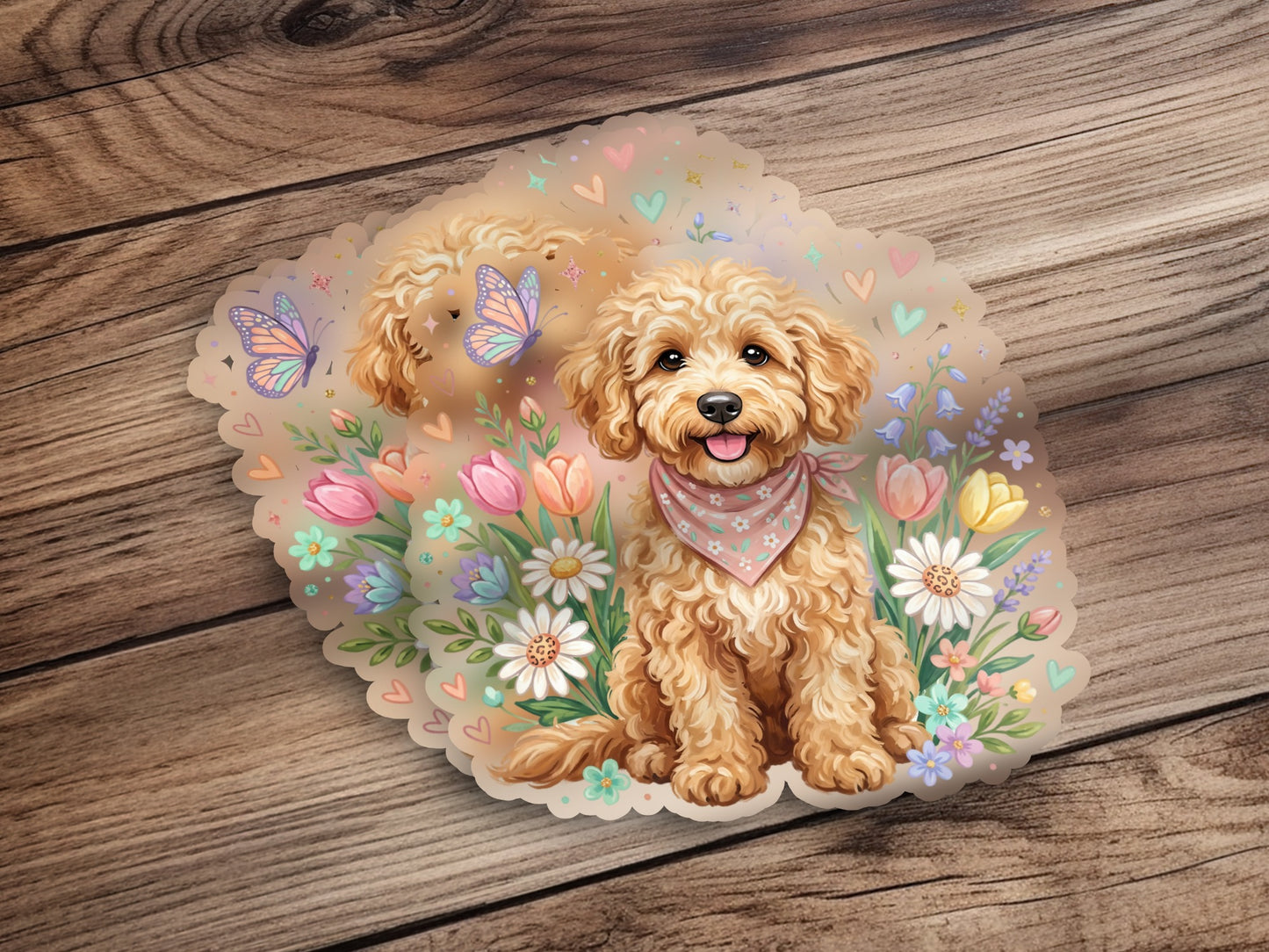 A happy doodle dog wearing a bandana surrounded by colorful flowers and butterflies.