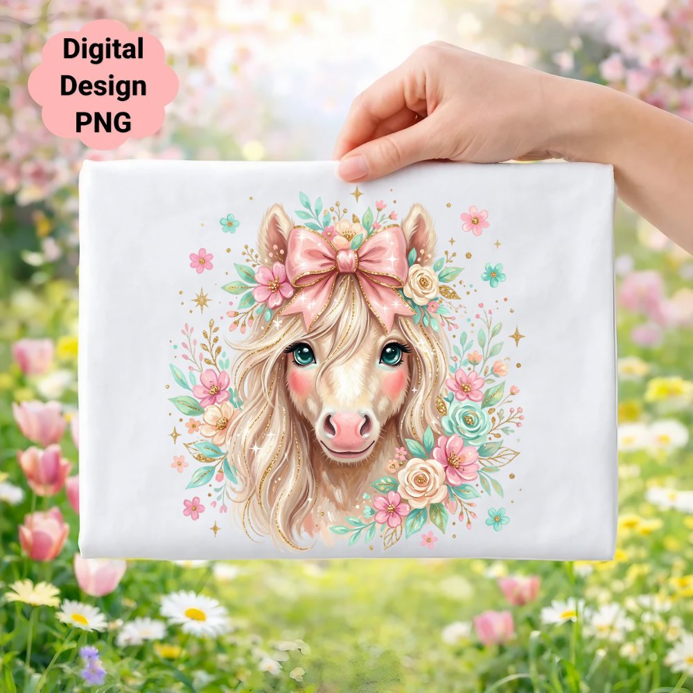A whimsical horse with a pink bow, surrounded by flowers.