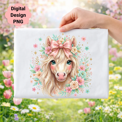 A whimsical horse with a pink bow, surrounded by flowers.