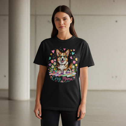 Black t-shirt with a corgi wearing glasses surrounded by flowers and the text "CORGI MAMA".