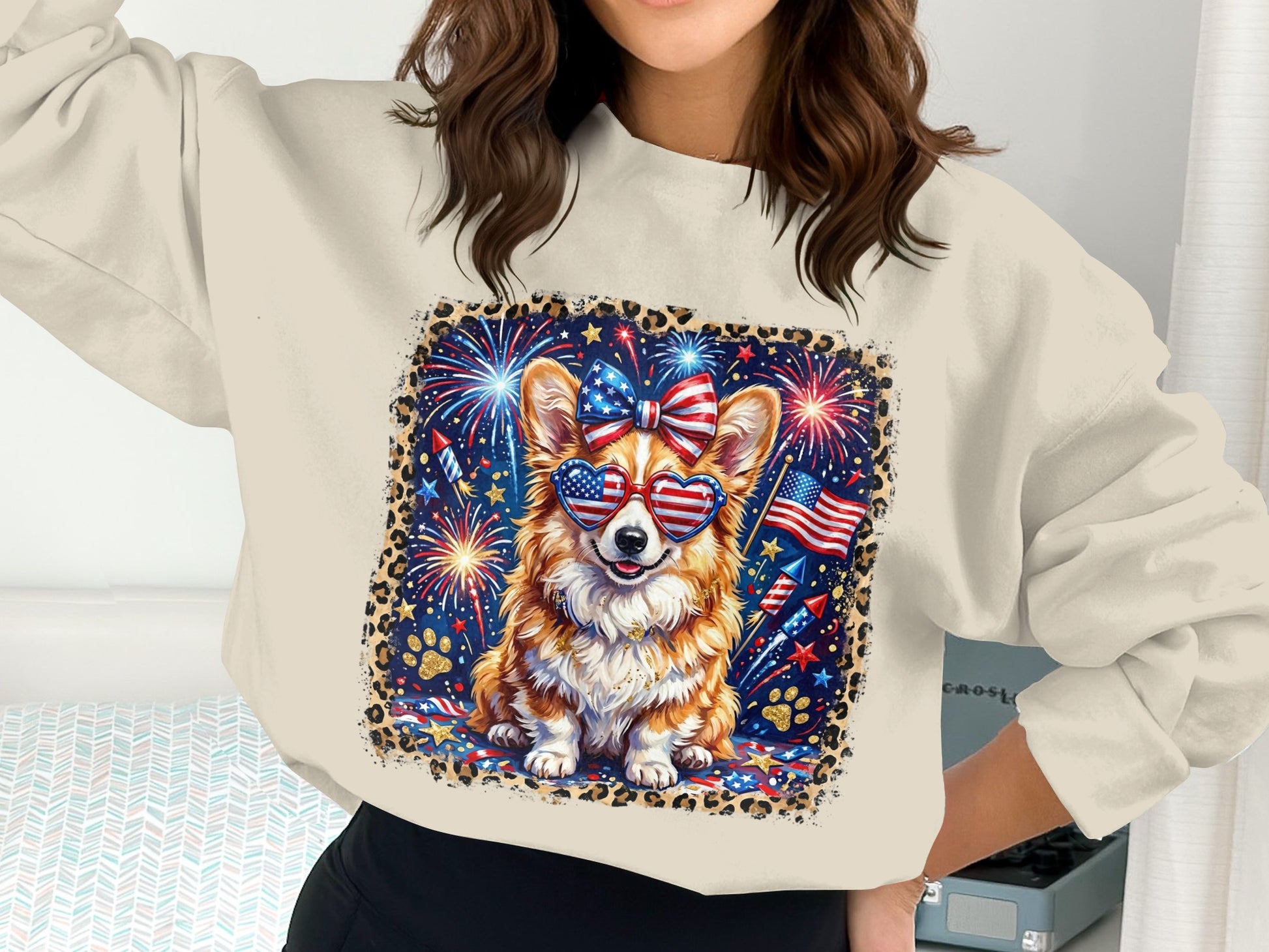 Corgi wearing sunglasses and a bow with fireworks and American flags.