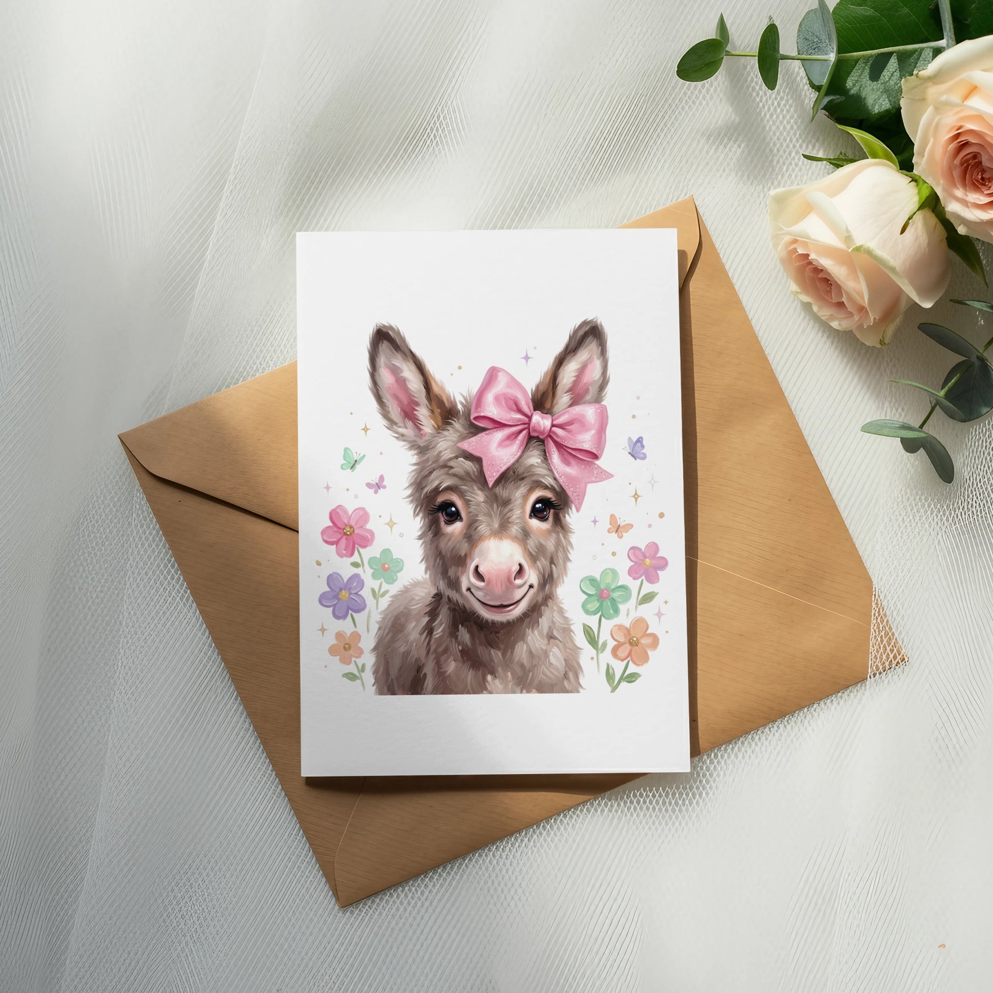 Cute donkey with pink bow on greeting card, surrounded by flowers and butterflies.