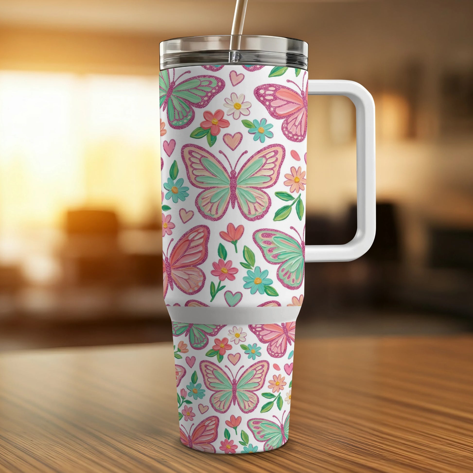 Butterfly patterned tumbler with handle and straw.