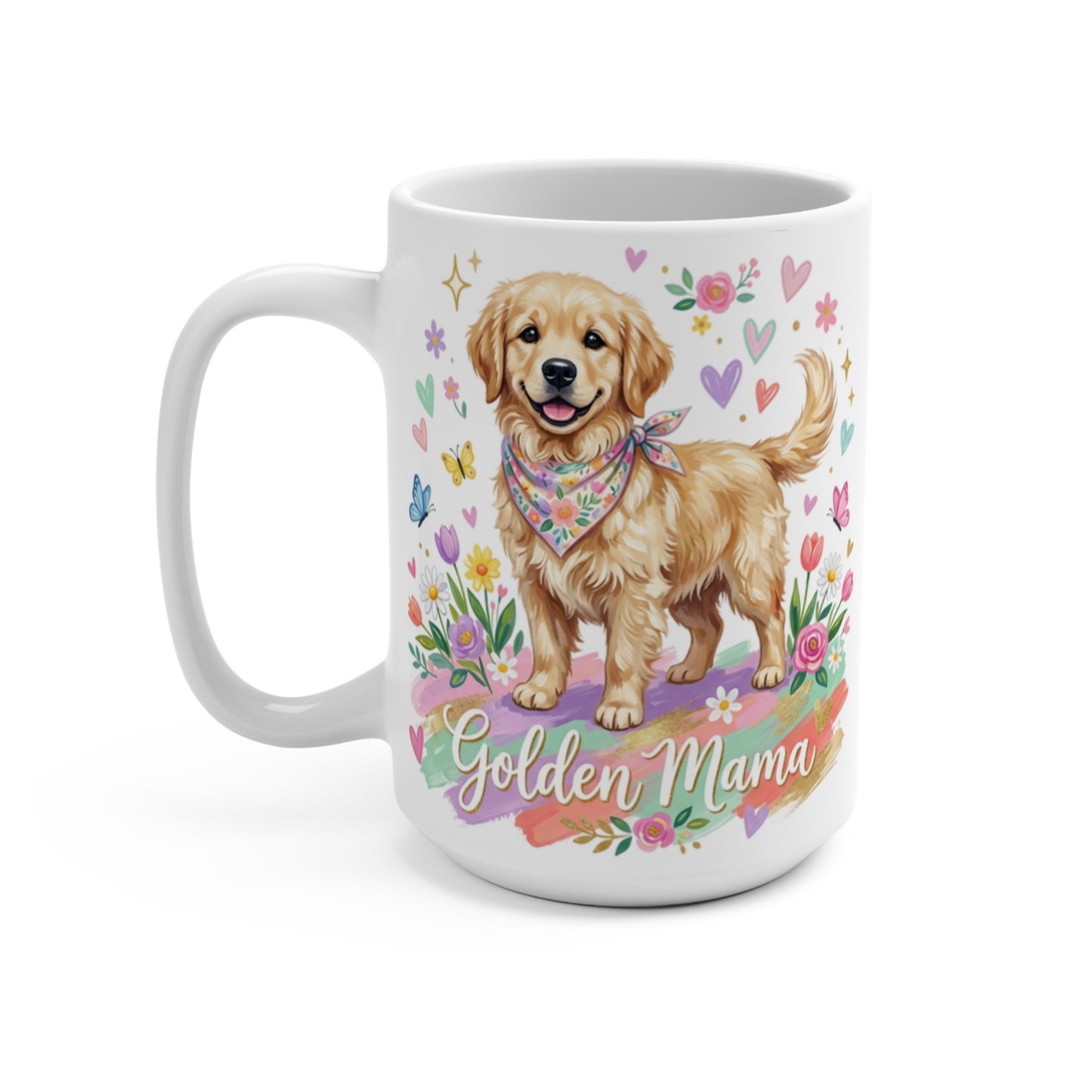 Golden Retriever puppy with flowers and "Golden Mama" text on mug.