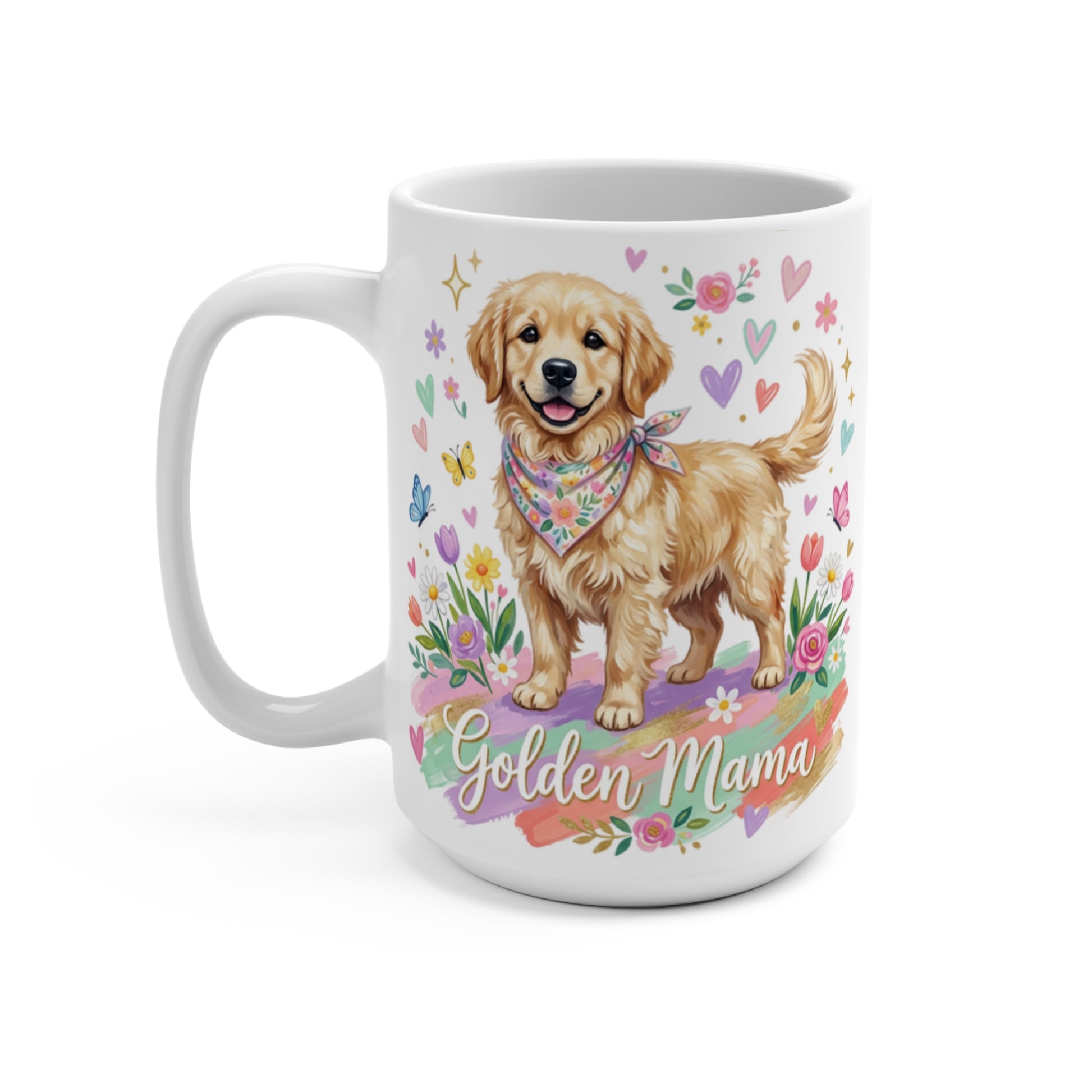 Golden Retriever puppy with flowers and "Golden Mama" text on mug.