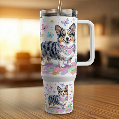 Blue merle corgi wearing a bandana on a pastel brushstroke background.