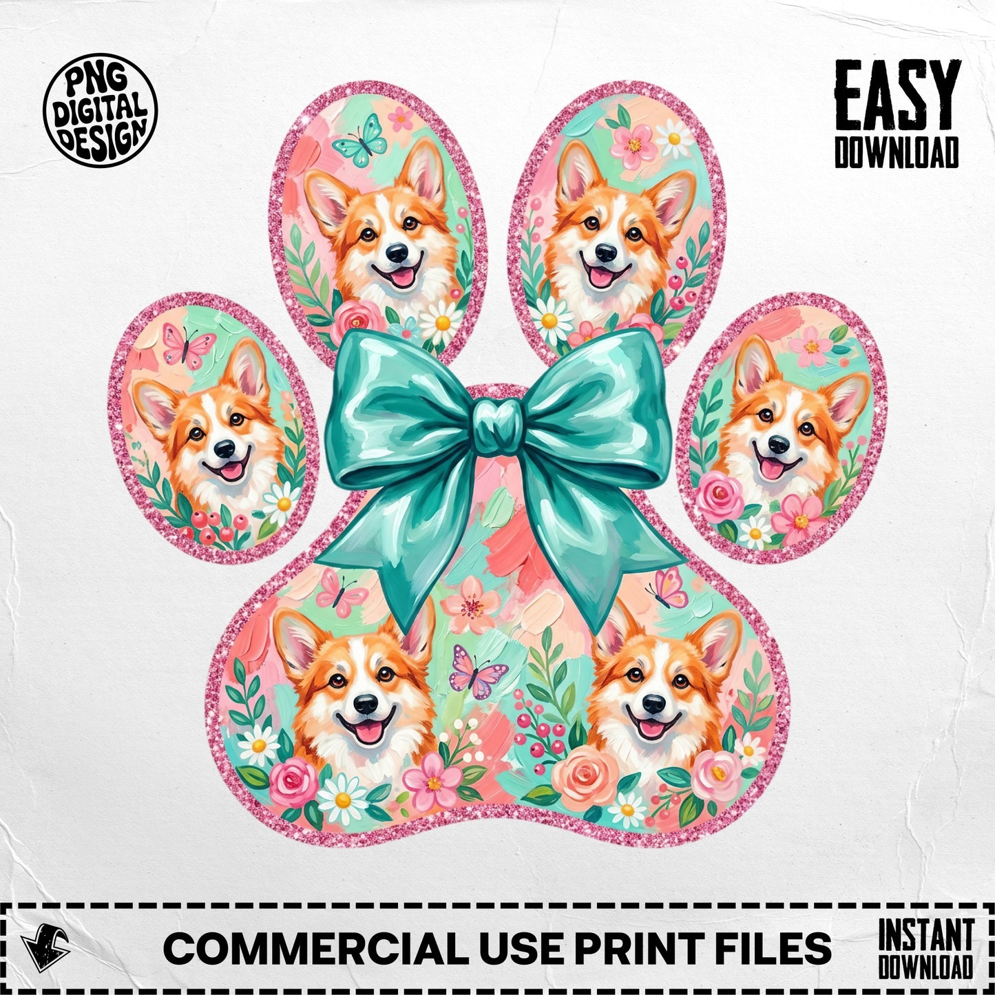 Corgi faces in paw print with bow and flowers.