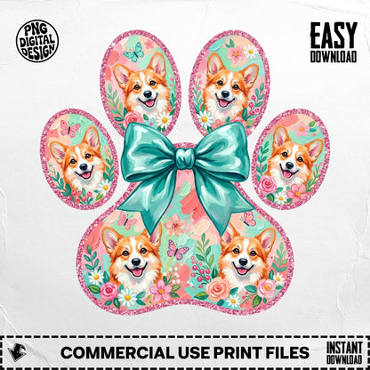 Corgi faces in paw print with bow and flowers.